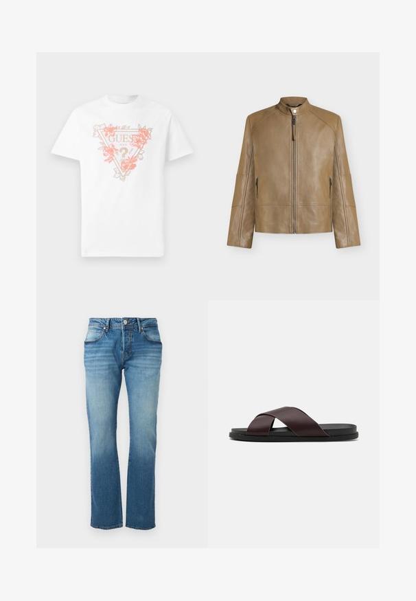 Veste en cuir beige avec col montant, fermeture éclair devant, fermeture à boutons-pression et poches latérales zippées, présentée sur fond uni.; T-shirt en coton blanc avec un logo en forme de triangle orné de fleurs en corail et or. Manches courtes et col rond.; Jean en denim bleu avec un effet délavé, design classique à cinq poches, fermeture par bouton et zip, coupe droite.; Sandale à glissière à lanières croisées de couleur marron, dotée d'une finition mate, d'une semelle noire plate et d'une texture lisse. Design minimaliste sans matériel visible.