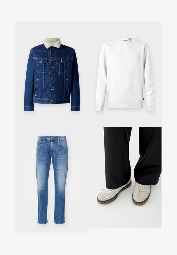Jeansjacke in Dunkelblau mit einem weichen, kunstpelzbesetzten Kragen, zwei Brusttaschen und Hardware in Silberfarbe. Klassisches Design mit Knopfverschluss vorne.; Hellgrauer Sweatshirt aus weichem Material. Rundhalsausschnitt, lange Ärmel, gerippte Bündchen und Saum. Verfügt über ein kleines Logoschild an der Seite.; Hellblaue Jeans aus Denim mit geradem Bein, fünf Taschen, dezentem Verblassen und einem normalen Bund mit Knopfverschluss.; Füße mit beigen Sneakers mit braunen Sohlen und schwarzen Hosen mit weitem Bein auf weißem Hintergrund.