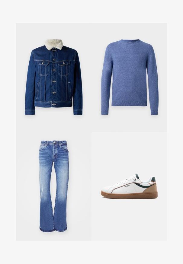 Donkerblauwe denimjack met een zacht nepbont kraag, twee borstzakken en hardware in zilverkleur. Klassiek knoopsluiting ontwerp.; Blauwe gebreide trui met een ronde hals, lange mouwen en ribbelboord. Zachte textuur en uniforme kleur zonder patronen of versieringen.; Lichtblauwe spijkerbroek met flared model en een vervaagde wassing, vijf zakken, knoopsluiting en gestikte details langs de naden. Brede pijpopening.; Witte lage sneaker met een bruine zool, groene en beige accenten, witte veters en het "Pepe Jeans London"-logo aan de zijkant.