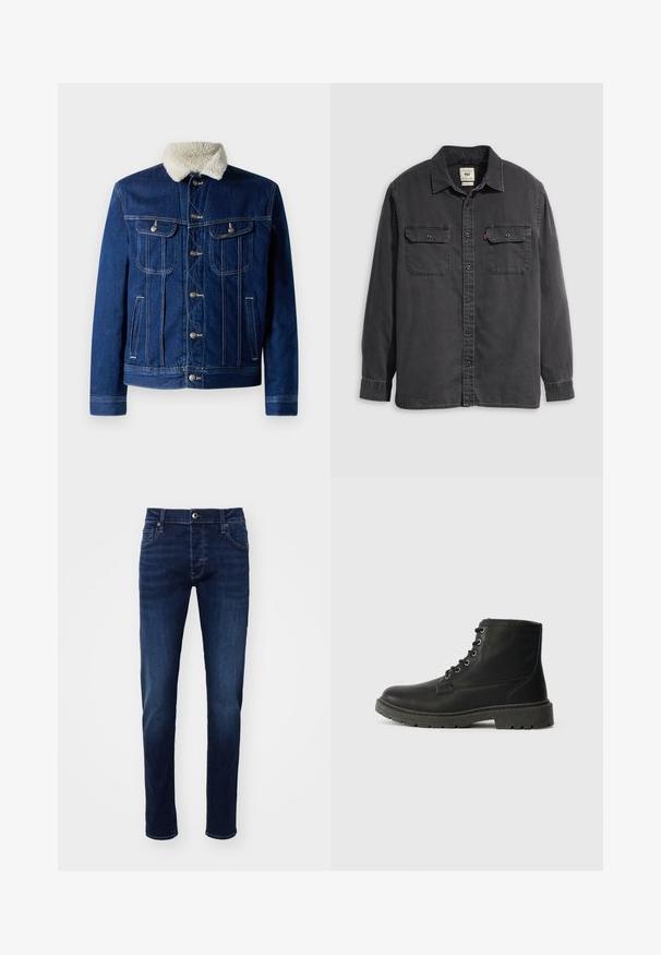 Donkerblauwe denimjack met een zacht nepbont kraag, twee borstzakken en hardware in zilverkleur. Klassiek knoopsluiting ontwerp.; Zwart shirt met lange mouwen, een knoopsluiting aan de voorkant, een kraag en twee borstzakken. Gemaakt van katoen met een zachte textuur en een comfortabele pasvorm.; Donkerblauwe slim-fit spijkerbroek met knoop aan de voorkant, zakken, riemlussen en subtiele vervaging details op de benen.; Zwarte leren enkellaars met vetersluiting, dikke rubberen zool, gestructureerde afwerking en versterkte stiksels. Bevat minimalistische branding.