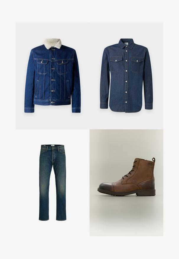 Tmavomodrá džínsová bunda so softshellovým lungom, dvoma náprsními vreckami a strieborným kovovým doplnkom. Klasický design s gombíkovým zapínaním.; Tmavomodrá denimová košeľa s klasickým golierom, dlhými rukávmi a dvoma náprsními vreckami. Obsahuje biele gombíky a kontrastné švy.; Džínsy v stredne modrom umývaní, rovný strih, klasický dizajn s piatimi vreckami a svetlým opotrebením na stehnách pre textúru.; Hnedá kožená členková obuv na šnurovanie s čiernou špičkou, okrúhlou podrážkou a značkovým detailom na boku na jednofarebnom pozadí.