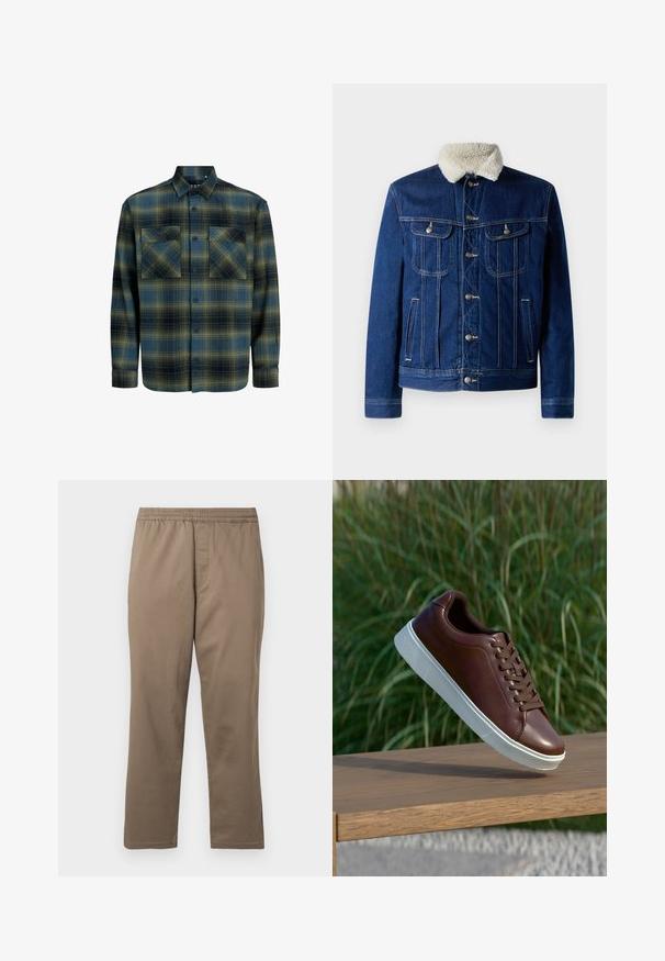 Veste en denim bleu foncé avec un col en fausse fourrure douce, deux poches poitrine et une quincaillerie argentée. Design classique à boutons sur le devant.; Chemise en flanelle à carreaux vert foncé et bleu marine. Dotée d'un col boutonné, de deux poches thoraciques et de manches longues avec poignets à boutons.; Pantalons en khaki à jambes droites pour hommes avec ceinture élastique et braguette, fabriqués en tissu lisse.; Baskets en cuir marron avec semelle en caoutchouc blanche, design à lacets, texture lisse, bout arrondi et détails de couture subtils.