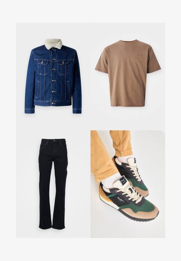 Jeansjacke in Dunkelblau mit einem weichen, kunstpelzbesetzten Kragen, zwei Brusttaschen und Hardware in Silberfarbe. Klassisches Design mit Knopfverschluss vorne.; Braunes Baumwoll-T-Shirt mit Rundhalsausschnitt, kurzen Ärmeln und einem dezenten gestickten Logo auf der linken Brustseite. Glatte Textur, lockerer Schnitt.; Schwarze Jeans mit geradem Bein, Fünf-Taschen-Design, Knopf- und Reißverschluss sowie sichtbaren Nähten auf weißem Hintergrund.; Grüne und schwarze Sneakers aus Wildleder und Mesh-Materialien, mit cremefarbenen Schnürsenkeln, mehrfarbigen Akzenten und einer strukturierten Sohle. Logo von Pepe Jeans sichtbar.