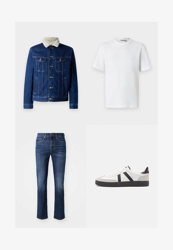 Donkerblauwe denimjack met een zacht nepbont kraag, twee borstzakken en hardware in zilverkleur. Klassiek knoopsluiting ontwerp.; Wit T-shirt met korte mouwen, wafelstructuur en ronde hals, met een klein merkembleem aan de binnenkant van de kraag, afgebeeld op een effen achtergrond.; Donkerblauwe jeans met een rechte pasvorm. Kenmerken zijn een ritsgulp, zijzakken en subtiele vervaging op de dijen. Gemaakt van denimstof.; Witte sneaker met zwarte en grijze accenten, voorzien van een grijze neus met textuur, zwarte rubberen zool en platte witte veters. Schoon ontwerp, minimalistische stijl.