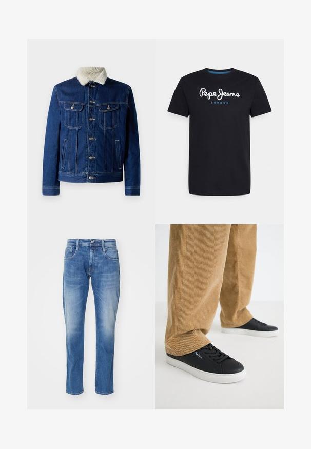 Jeansjacke in Dunkelblau mit einem weichen, kunstpelzbesetzten Kragen, zwei Brusttaschen und Hardware in Silberfarbe. Klassisches Design mit Knopfverschluss vorne.; Schwarzes Baumwoll-T-Shirt mit einem weißen Schriftlogo "Pepe Jeans" und blauen Akzenten, Rundhals und kurzen Ärmeln. Einfaches, schlichtes Design.; Hellblaue Jeans aus Denim mit geradem Bein, fünf Taschen, dezentem Verblassen und einem normalen Bund mit Knopfverschluss.; Schwarze Ledersneaker mit weißen Gummisohlen. Getragen mit beigen Cordhosen, die vertikale Rippungen und eine lockere Passform aufweisen.