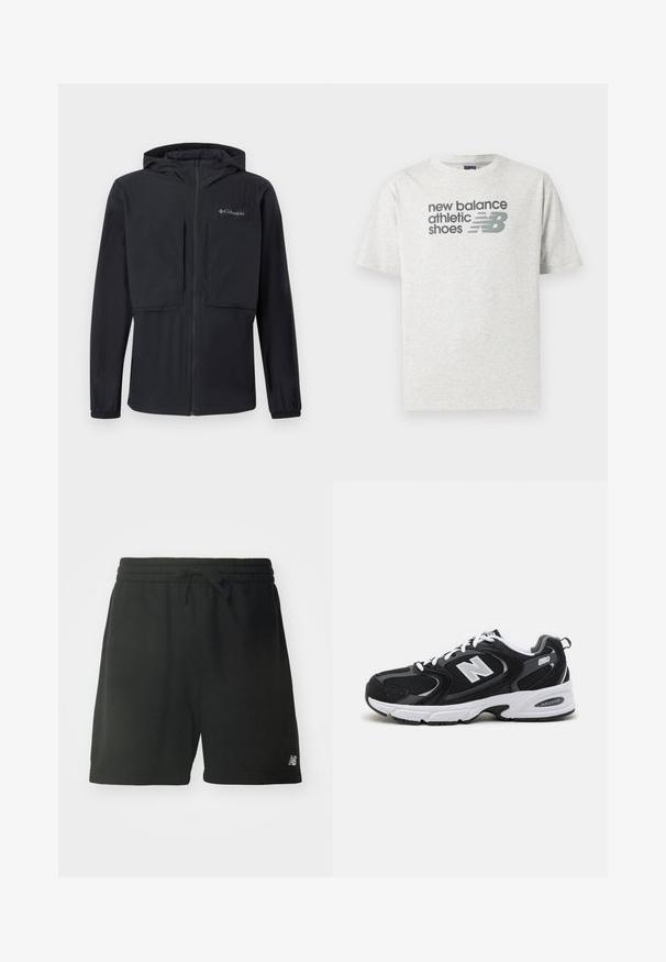 Schwarze Kapuzenjacke mit Frontreißverschluss, zwei großen Brusttaschen, elastischen Bündchen und Columbia-Logo auf der linken Brust.; Hellgraues T-Shirt mit kurzen Ärmeln mit dem Schriftzug „new balance athletic shoes“ und einem stilisierten „NB“-Logo in Dunkelgrau auf der Brust.; Schwarze Baumwoll-Sportshorts mit elastischem Bund, verstellbarem Kordelzug und Logodetail am unteren linken Bein. Glatte Textur.; Schwarze und graue Sportschuhe mit Obermaterial aus Mesh und Wildleder, ausgestattet mit einer weißen Zwischensohle, Schnürsenkeln und einem markanten "N"-Logo an der Seite.