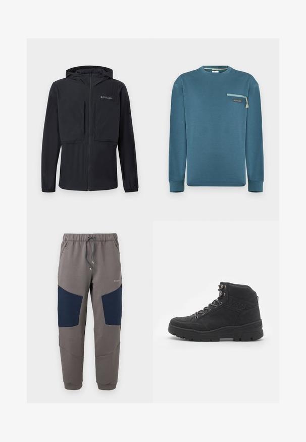 Sort hættejakke med lynlås foran, to store brystlommer, elastiske manchetter og Columbia-logo på venstre bryst.; Turkis langærmet sweatshirt med rund hals, lynlåslomme på brystet og Columbia-logo på en lysegrå baggrund.; Grå joggingbukser med marineblå knæpaneler, elastisk taljebånd, snor, lynlåslommer og Columbia-logo på øverste lår.; Sorte ankelstøvler i ruskind. Har metaløjer, snørebånd og en struktureret gummisål med forstærket hæl.