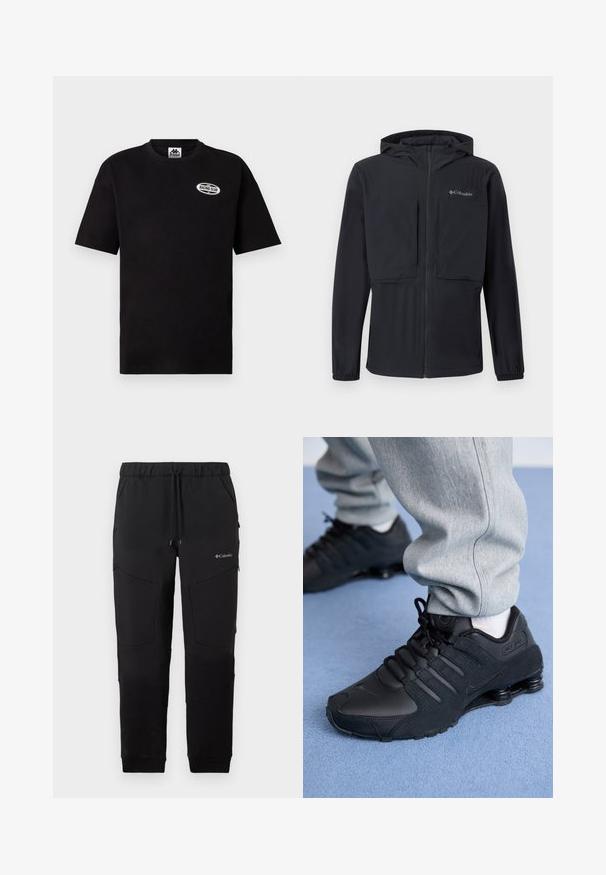 Veste noire à capuche avec une fermeture éclair à l'avant, deux grandes poches poitrine, des poignets élastiques et le logo Columbia sur la poitrine gauche.; T-shirt noir à manches courtes de la marque Kappa avec le logo ovale "Racing Club" sur le haut côté gauche de la poitrine et un col rond.; Pantalon de jogging noir de la marque Columbia avec taille à cordon de serrage, poches latérales zippées et détails de panneau au niveau des genoux, présenté sur un fond blanc.; Personne portant des baskets Nike Shox noires et un pantalon de survêtement gris, debout sur un tapis bleu clair.