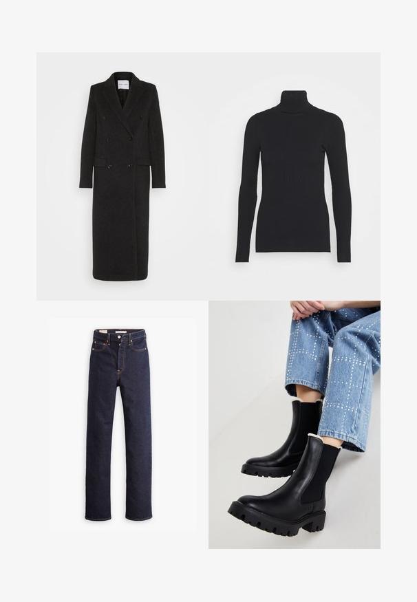 Samsøe Samsøe COAT - Klassisk frakke - phantom; Sort ribbet rullekravesweater med lange ærmer og en tætsiddende silhuet. Teksturen er glat med et vandret ribmønster.; Mørkeblå straight-leg denim jeans med fem lommer og synlig orange syning på hvid baggrund.; Sorte læder ankelstøvler med elastiske sidepaneler, teksturerede klodsede såler og lammeskindforing øverst, parret med lyseblå dekorerede jeans.