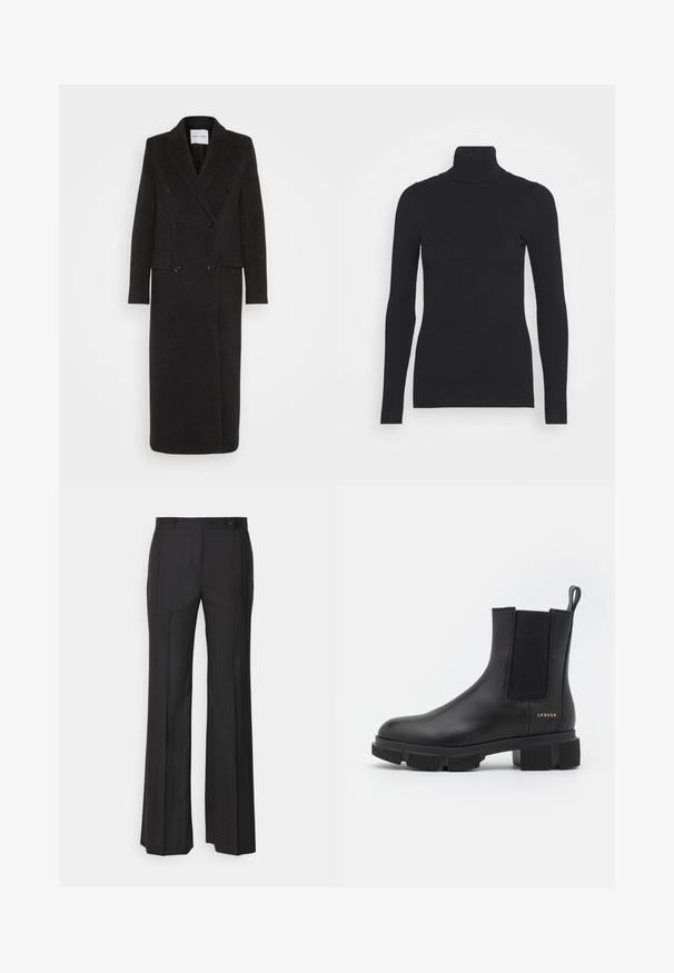 Samsøe Samsøe COAT - Klassisk frakke - phantom; Sort ribbet rullekravesweater med lange ærmer og en tætsiddende silhuet. Teksturen er glat med et vandret ribmønster.; Sorte, vide bukser med et subtilt stiklestip mønster, lavet af et glat materiale. Har en frontlukning og bæltesløjfer.; Sorte læder ankelstøvle med elastiske sidepaneler og en kraftig mønstret sål. Har en pull tab og guld branddetalje. Mat finish.