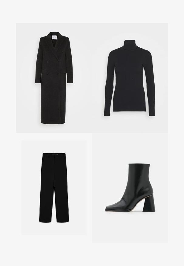 Samsøe Samsøe COAT - Klassischer Mantel - phantom; Schwarzer gerippter Rollkragenpullover, der lange Ärmel und eine figurbetonte Silhouette bietet. Die Textur ist glatt mit einem horizontalen Rippenmuster.; Schwarze gerade geschnittene Hose mit Gürtelschlaufen, Frontreißverschluss und Seitentaschen, flach auf hellem Hintergrund ausgelegt.; Schwarze Leder-Stiefelette mit quadratischem Zehendesign und klobigem, strukturiertem Absatz. Glatte Oberfläche ohne sichtbare Hardware oder Muster.