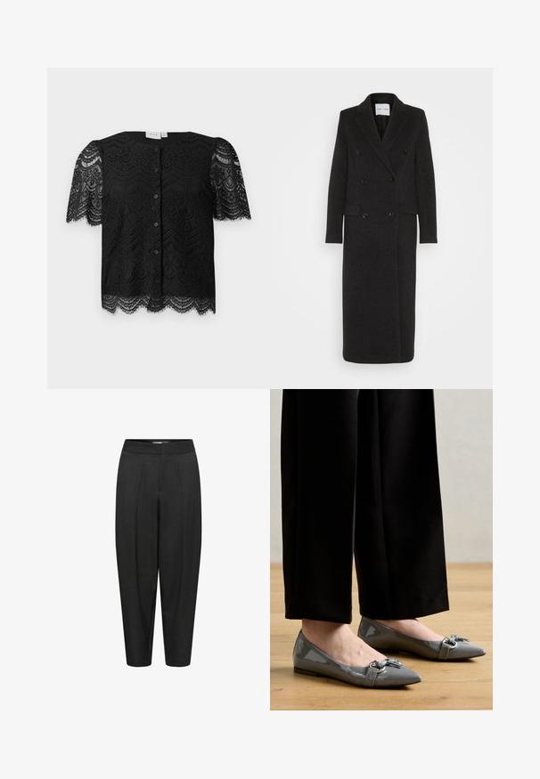 Samsøe Samsøe COAT - Klassikaline mantel - phantom; Must mustriga pluus lühikeste puffkäistega, millel on laineline ääreosa ja esipaneelil nupud. Keeruline lilleline pitsimuster kogu ulatuses.; Mustad püksid, millel on volditud esiosa, kitsenevad säärted ja sile tekstuur. Keskmise kõrgusega vöökoht ja pahkluuni ulatuv lõige.; Kennel + Schmenger GRETA - Baleriinad - grigio/silver