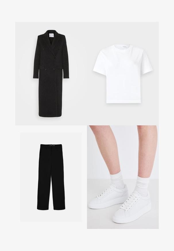 Samsøe Samsøe COAT - Abrigo clásico - phantom; Camiseta blanca lisa de algodón de manga corta con cuello redondo y dobladillo recto, mostrada sobre un fondo blanco.; Pantalones negros de corte recto con trabillas, cremallera frontal y bolsillos laterales, colocados planos sobre un fondo claro.; Copenhagen Studios CPH72 - Zapatillas - white