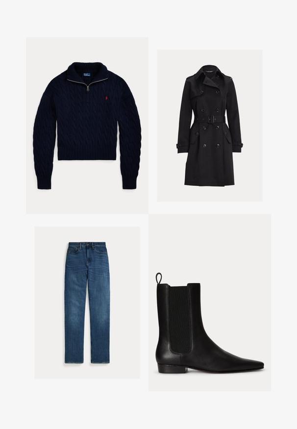 Sort dobbeltradet trenchcoat med bælte, skulderepauletter, knaplukning på klaplommerne og manchetstropper, vist på en ensfarvet baggrund.; Mørkeblå kabelstrikket sweater med halvlange lynlås-krave og rød Polo Ralph Lauren-logo broderet på brystet.; Straight-leg blå denim jeans med fem lommer, knaplukning og subtil falmning på lår og knæ, lagt fladt på hvid baggrund.; Sort læderankelstøvle med elastisk sidel panel, trækstrop bagpå, lav hæl og spids tå.