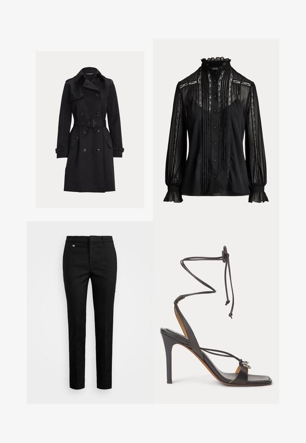 Schwarzer doppelreihiger Trenchcoat mit Gürtel, Schulterklappen, mit Knöpfen verschlossenen Taschen mit Klappen und Manschettenriemen, dargestellt auf einem schlichten Hintergrund.; Schwarze transparente Langarmbluse mit Spitzenbesatz, gerafftem Stehkragen, vertikalen Falten, Knopfleiste vorne und elastischen, gerafften Manschetten.; Schwarze Hosen mit maßgeschneidertem Schnitt, glatter Textur und flacher Vorderseite mit dezenten Falten. Inklusive Bund mit Gürtelschlaufen und kleinem Logo.; Schwarze Sandale mit hohem Absatz, dünnen Riemen zum Umwickeln des Knöchels, offenem Zehenbereich und silbernen dekorativen Ringen am vorderen Riemen vor weißem Hintergrund.