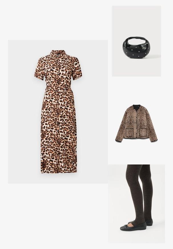 Veste à imprimé léopard avec un col rond, des bordures noires et deux poches avant. Le tissu semble doux avec une texture ressemblant à de la fourrure.; Robe midi imprimée léopard avec des manches courtes, un col, une fermeture à boutons sur le devant et une taille cintrée, fabriquée en tissu léger au toucher doux.; Jambes portant des leggings côtelés foncés associés à des ballerines noires avec de petits détails en nœud sur fond blanc.; Sac à main en cuir noir de forme arrondie, décoré de clous argentés et équipé d'une poignée courte. Texture lisse et fermeture éclair.