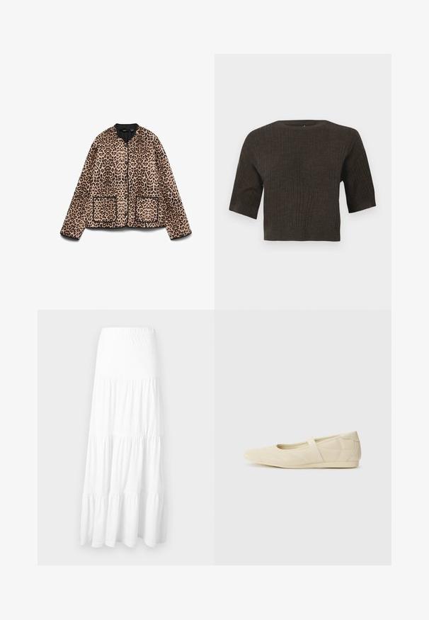 Veste à imprimé léopard avec un col rond, des bordures noires et deux poches avant. Le tissu semble doux avec une texture ressemblant à de la fourrure.; Haut en maille côtelée marron à manches courtes, décolleté rond et coupe courte. Le tissu texturé met en valeur des lignes verticales sur l'ensemble.; Jupe longue à volants blanche avec ceinture élastique, réalisée en tissu léger, adaptée pour un usage décontracté.; Ballerines beiges avec une exterior en cuir lisse, un bout en forme d'amande et une sangle élastique sur le coup de pied, avec des détails de couture subtils.