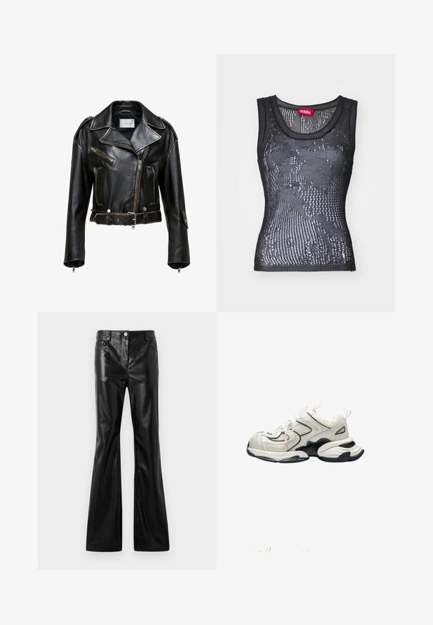 Schwarze Leder-Cropped-Motorradjacke mit kontrastierenden Nähten, Reißverschlusstaschen und tailliertem Schnitt. Merkmale sind breite Revers und silberne Hardware-Akzente.; Schwarzes Netz-Tanktop mit rundem Halsausschnitt und einem Muster aus kleinen Löchern. Das Etikett innen trägt die Aufschrift "032c". Das Material wirkt leicht und strukturiert.; Rabanne Loose Jeans - black; Massiver weißer und schwarzer Sportschuh mit Mesh-Einsätzen, dicker Sohle und Zuglaschen an Ferse und Zunge, von der Seite gezeigt.
