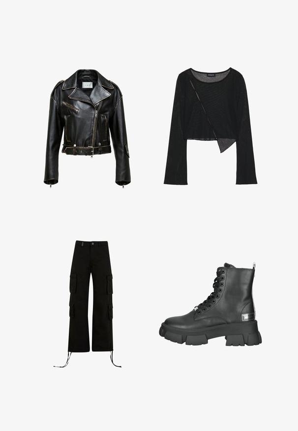 Veste de moto en cuir noir, courte, avec des coutures contrastées, des poches zippées et une taille ceinturée. Comprend de larges revers et des accents en métal argenté.; Crop top noir à manches longues en tissu léger et transparent. Il présente un col rond et un ourlet asymétrique avec une légère texture.; Pantalons cargo noirs à coupe décontractée, avec des poches cargo sur les côtés, des ourlets à cordon de serrage et une fermeture par bouton à la taille.; Bottines en cuir noir avec une semelle plateforme épaisse, un bout rond, un laçage avant avec des œillets en métal et une languette à l'arrière.