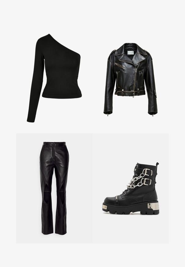 Veste de moto en cuir noir, courte, avec des coutures contrastées, des poches zippées et une taille ceinturée. Comprend de larges revers et des accents en métal argenté.; Haut à manches longues noir avec un col asymétrique. Fabriqué en tissu lisse, design ajusté et ourlet arrondi. Pas de motifs ni d'ornements.; Pantalons en cuir noir avec une coupe ajustée, dotés de coutures diagonales et d'ouvertures sur les côtés. Jambes droites avec une fermeture à bouton à la taille.; Koi Footwear SHACKLED SHADOWS HEAVY DUTY CHAIN - Bottines de cowboy / motard - black