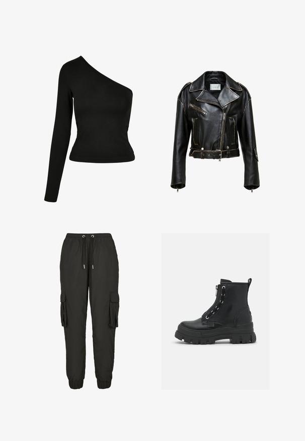 Zwarte leren cropped motorjack met contrasterende stiksels, ritszakken en een ceintuurlijn. Heeft brede revers en zilveren hardware accenten.; Zwarte top met lange mouwen en een asymmetrische halslijn. Gemaakt van een gladde stof, met een getailleerd ontwerp en een gebogen zoom. Geen patronen of versieringen.; Zwarte cargobroek van lichtgewicht materiaal, met een elastische tailleband, verstelbaar trekkoord, zijzakken en geribbelde manchetten.; Zwarte enkellaarsjes van getextureerd leer met een stevige rubberen zool, ritssluiting en vetersluiting met zilveren oogjes.
