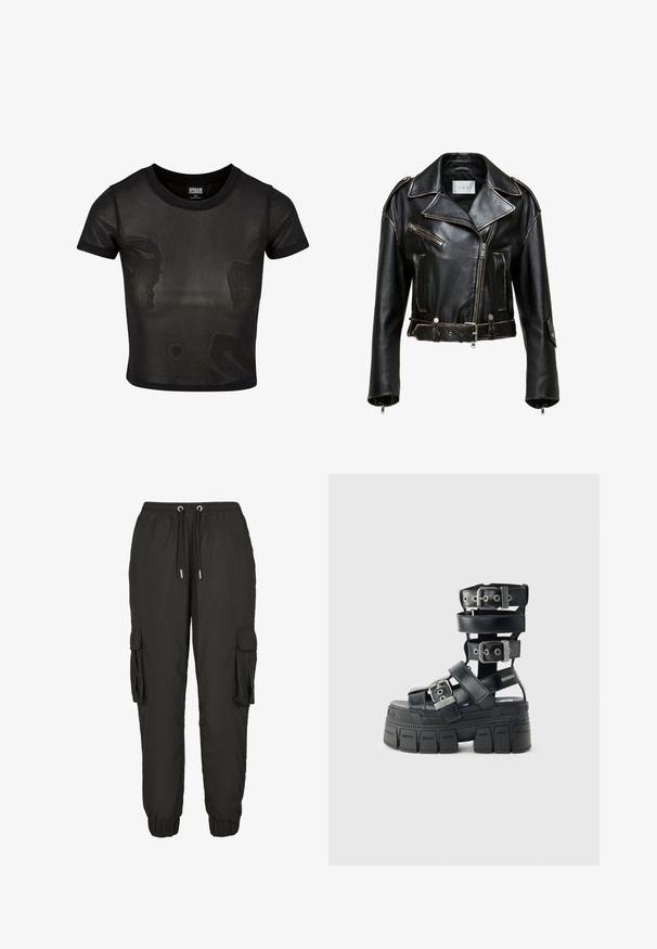Chaqueta de moto corta de piel negra con costuras en contraste, bolsillos con cremallera y cintura con cinturón. Presenta solapas anchas y acentos de hardware en plata.; Camiseta corta negra hecha de tela translúcida, con mangas cortas y escote redondo. Superficie texturizada y dobladillo sólido en contraste.; Pantalones cargo negros hechos de material ligero, con una cintura elástica, cordón ajustable, bolsillos laterales y puños acanalados.; Sandalia de plataforma negra con suela gruesa de dibujo marcado, múltiples correas ajustables, hebillas plateadas y diseño hasta el tobillo.