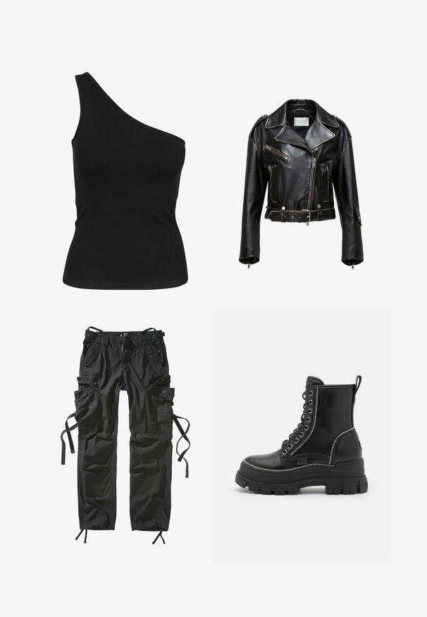 Sort læder motorcykeljakke med cropped design, kontrasterende syninger, lynlåslommer og bælte i taljen. Har brede klapper og sølvfarvede hardware detaljer.; Sort, en-skulder tanktop lavet af glat stof, med en tætsiddende silhuet og en ren, syet halsudskæring. Ingen synlige mønstre eller detaljer.; Sorte cargo-bukser lavet af letvægtsstof, med flere lommer, snore i siderne og en afslappet pasform med forstærkede syninger.; Sorte læder ankelstøvler med en kraftig gummisål, med snørebånd foran, lynlås på siden og sølvfarvede lynlåsdetaljer.