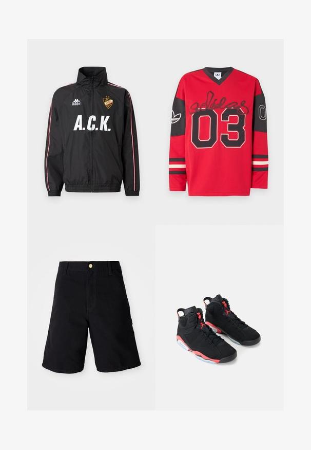 Sort sportsjakke med lynlås med hvidt "A.C.K."-tekst, Kappa-logo på venstre bryst, røde og hvide striber langs ærmerne og et gult mærke på højre bryst.; Rød og sort langærmet sportstrøje med "03" i store tal, Adidas-logo på ærmerne og signaturstil tekst på tværs af brystet.; Sorte denim shorts med knaplukning, med lige skæring, sidelommer og forstærket syning for holdbarhed.; Sorte højtop-sneakers med røde detaljer, sorte snørebånd og gennemsigtige ydersåler, placeret side om side mod en hvid baggrund.
