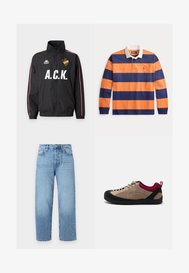 Sort sportsjakke med lynlås med hvidt "A.C.K."-tekst, Kappa-logo på venstre bryst, røde og hvide striber langs ærmerne og et gult mærke på højre bryst.; Langærmet rugbytrøje med brede marineblå og orange vandrette striber og krave i hvid, Polo Ralph Lauren-logo på brystet.; Lyseblå denim jeans med lige ben, høj talje, fem lommer og diskret falming. Har knaplukning og bæltestropper.; Sko med overdel i beige ruskind, sort gummisål, lyserøde mesh-detaljer og grå snørebånd. Har perforeringer for åndbarhed og et håndtag til at trække i.