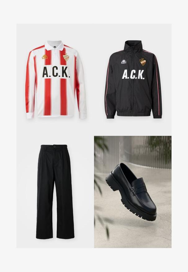 Sort sportsjakke med lynlås med hvidt "A.C.K."-tekst, Kappa-logo på venstre bryst, røde og hvide striber langs ærmerne og et gult mærke på højre bryst.; Langærmet polo shirt, hvid med røde lodrette striber, med sort "A.C.K." skrift og guld "Kappa" logo på venstre bryst.; Sorte, vide bukser lavet af bomuld med en glat overflade, der har en frontknaplukning og to sidelommer.; Sorte læder loafers med en chunky sål, der har en dekorativ rem og syninger. Glat tekstur med en poleret overflade.