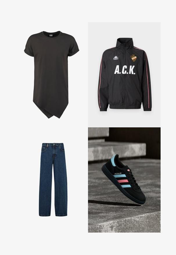 Sort sportsjakke med lynlås med hvidt "A.C.K."-tekst, Kappa-logo på venstre bryst, røde og hvide striber langs ærmerne og et gult mærke på højre bryst.; Sort kortærmet T-shirt lavet af glat stof, med en buet kant og en afslappet pasform med oprullede ærmer.; Jeans i mørkeblå denim med bred benkurv, fem-lomme design og klassisk knaplukning med metal lynlås.; Sort Adidas Spezial sneaker med blå og pink striber, svævende over en tekstureret grå betonoverflade med skygge nedenunder.
