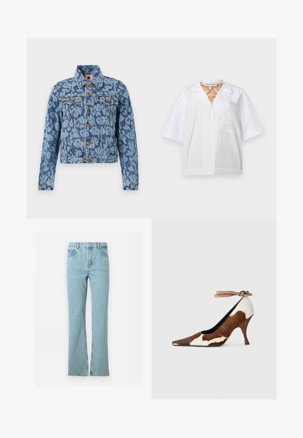 Blå denimjakke med lys blå leopardprint, frontknaplukning, to brystlommer med knapper og klassisk krave.; Hvid kortærmet skjorte med krave og tekstureret brystlomme, vist på en ensfarvet lys baggrund.; Lyseblå denimjeans med lige ben, foran knap, lynlås, bæltestropper og fem-lomme design mod en hvid baggrund.; Brune og hvide ko-print højhælede sko med spids tå, tekstureret overflade og en ankelrem med en lys brun spænde.