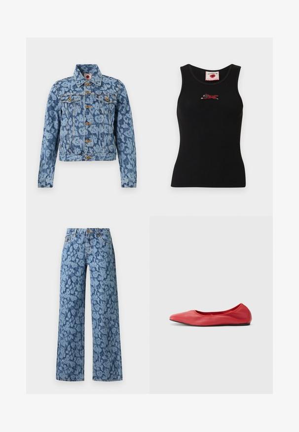 Veste en jean bleue avec imprimé léopard bleu clair, fermeture à boutons sur le devant, deux poches poitrine à boutons et col classique.; Débardeur noir sans manches en côte, avec un petit chien courant brodé en rouge et blanc, centré sous l'encolure ronde.; Jean en denim bleu à jambes larges avec motif floral bleu clair, bouton à l'avant, passants pour ceinture, et cinq poches.; Filippa K REY FLATS - Ballerines - bright red
