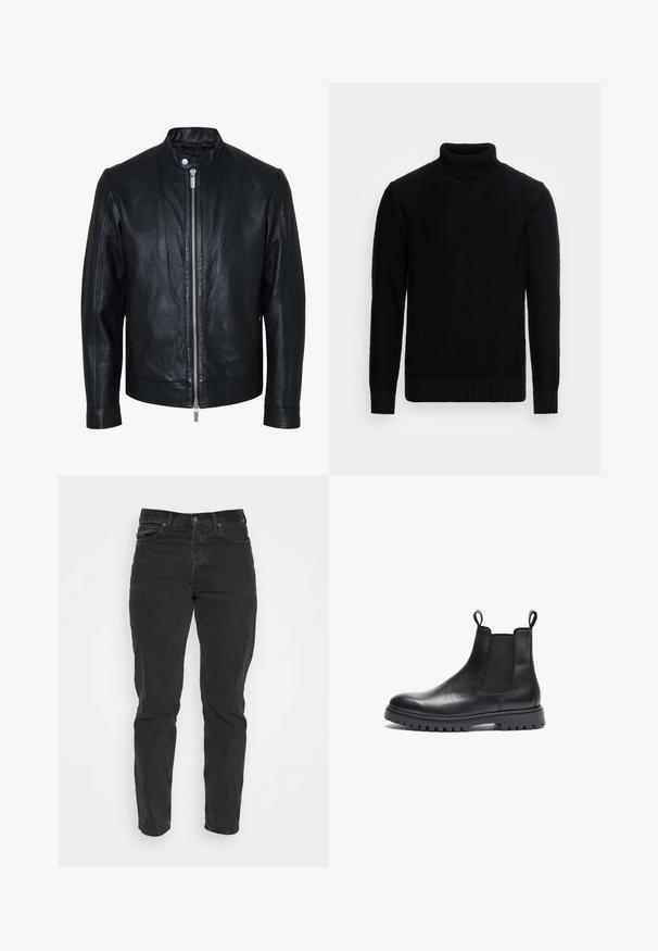 Sort læderjakke med central sølv lynlås og knapkrave, lange ærmer og glat tekstur, vist forfra på hvid baggrund.; Selected Roll neck - Striktrøje - black; Sorte denimjeans med lige pasform, fem lommer, frontlukning med knap og kontrastsyninger. Glat tekstur med let slid synligt.; Sorte læder Chelsea-støvler med tekstureret finish, elastiske sidepaneler og trækflapper. Har en kraftig gummisål med mønster.