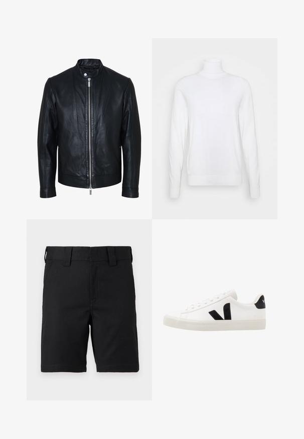 Veste en cuir noire avec fermeture éclair centrale argentée et col à boutons-pression, manches longues et texture lisse, présentée de face sur fond blanc.; Pull à col roulé blanc avec des manches longues, fabriqué en tissu lisse. Présente un design ajusté et des poignets et un ourlet côtelés. Pas de motifs ni d'accents.; Shorts noirs mi-genoux avec passants de ceinture et poches avant, fabriqués en tissu robuste, présentés sur fond blanc.; Sneaker blanche en cuir avec des accents en daim noir ; dispose d'une semelle en caoutchouc, d'un bout rond et d'un design classique à lacets. Logo latéral en noir.