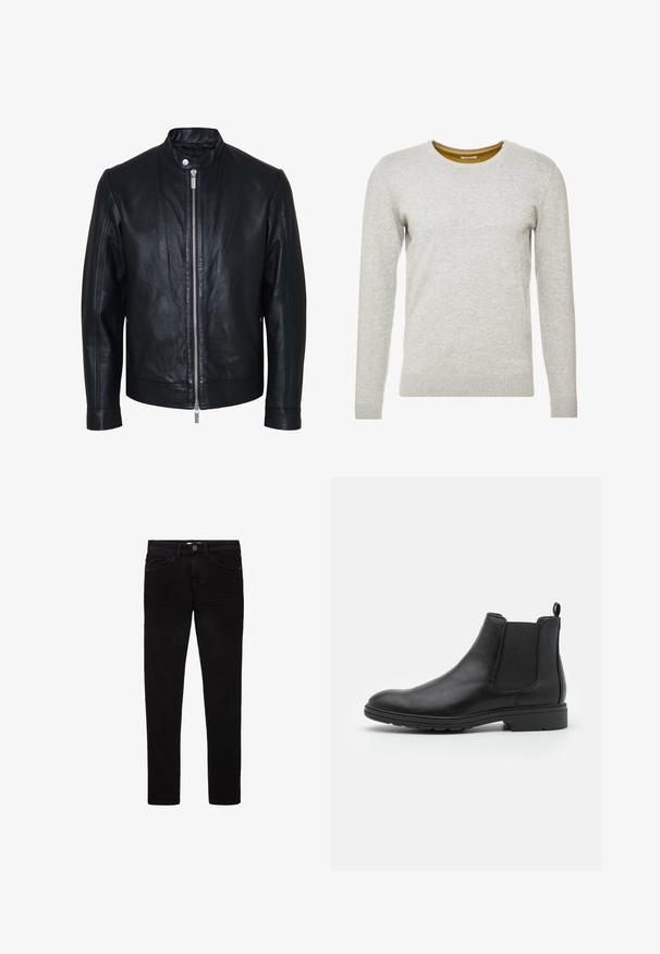 Must nahktagi, millel on keskne hõbedane tõmblukk ja trukiga krae, pikad varrukad ja sile tekstuur, näidatud eestvalgustusega valgel taustal.; TOM TAILOR CREW NECK - Džemper - light soft grey melange; Mustad denim, mille jalgadega ja slim fit disainiga mustad teksapüksid, viie taskuga ja nööp sulgumisega. Ühtlane tekstuur ja minimalismi kohaselt vähe õmblemise detaile.; Mustat nahast Chelsea saapad elastsete külgpaneelide ja tõmbeotsaga, ümarate varvaste ja tekstuurse kummitaldiga.