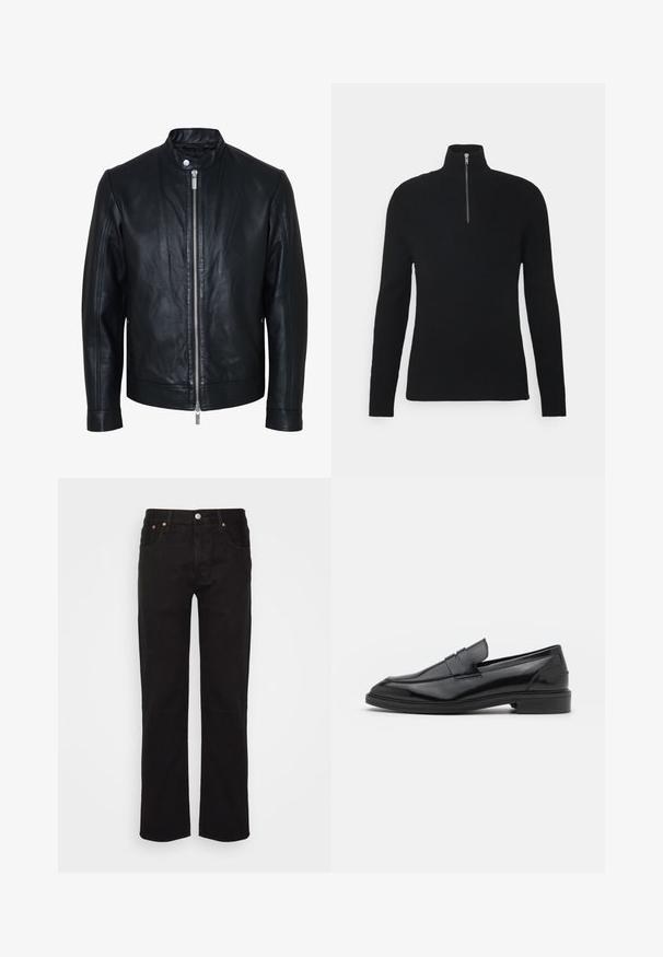 Sort læderjakke med central sølv lynlås og knapkrave, lange ærmer og glat tekstur, vist forfra på hvid baggrund.; Sort ribbet polo sweater med kvart-zip lukning, lange ærmer og et tekstureret stof for ekstra dimension.; Sorte lige ben jeans lavet af bomuld. Har fem lommer, en metalknap og orange syninger fortil.; Sorte læder loafers med en glat overflade, der har en rund tå og en smal bånd over det øverste. Lav stablet hæl.