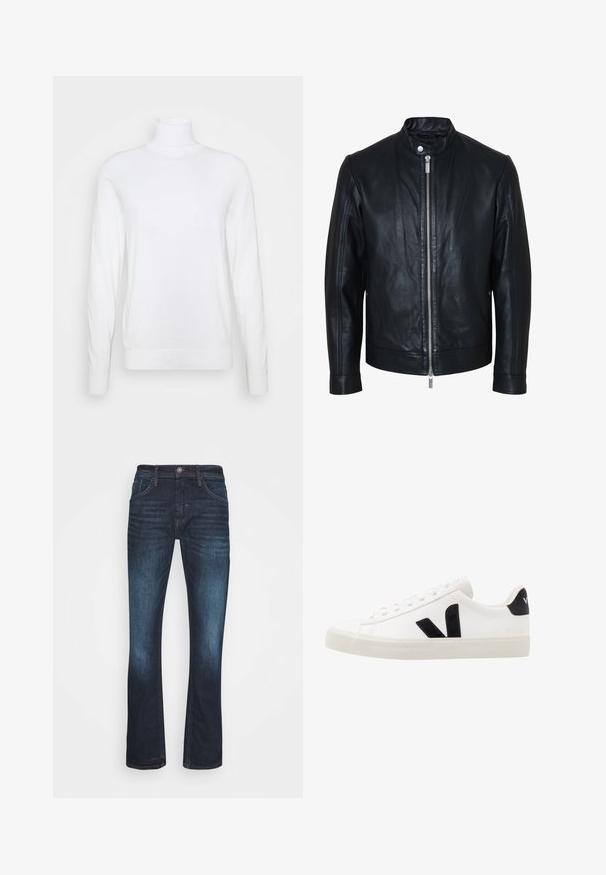 Veste en cuir noire avec fermeture éclair centrale argentée et col à boutons-pression, manches longues et texture lisse, présentée de face sur fond blanc.; Pull à col roulé blanc avec des manches longues, fabriqué en tissu lisse. Présente un design ajusté et des poignets et un ourlet côtelés. Pas de motifs ni d'accents.; Jean droit bleu foncé en denim, avec poches avant, fermeture à bouton, et décoloration le long des cuisses pour un look usé.; Sneaker blanche en cuir avec des accents en daim noir ; dispose d'une semelle en caoutchouc, d'un bout rond et d'un design classique à lacets. Logo latéral en noir.