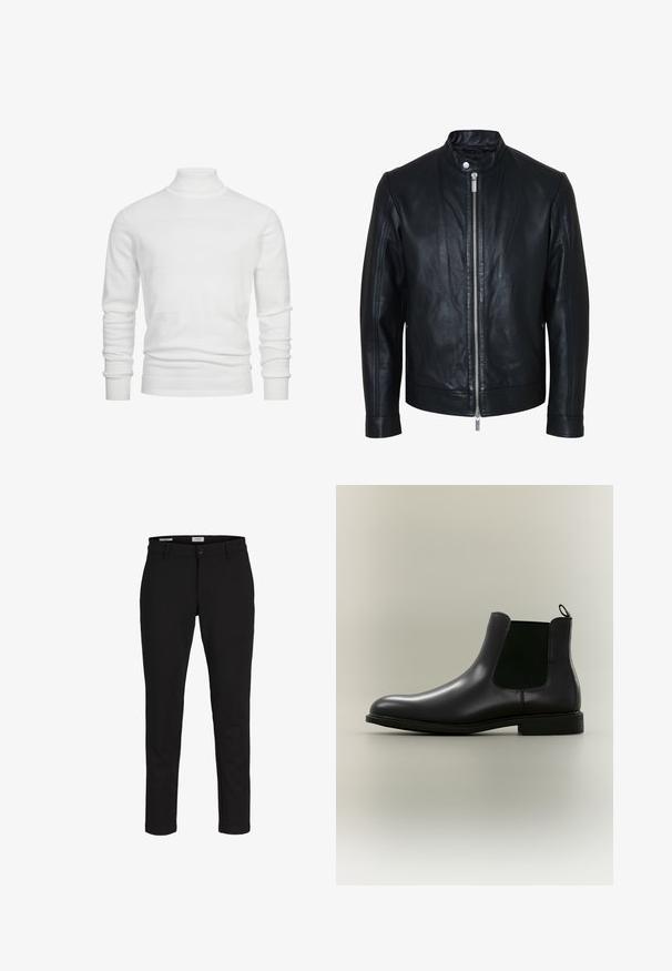 Chaqueta de cuero negra con cremallera plateada central y cuello con botones de presión, mangas largas y textura lisa, mostrada de frente sobre fondo blanco.; Suéter blanco de cuello alto con franjas horizontales texturizadas, puños y dobladillo acanalados. El tejido de punto ofrece una apariencia suave y acogedora.; Pantalones negros de corte entallado con presillas para cinturón, cierre frontal con botón y cremallera, exhibidos sobre un fondo blanco.; Bota Chelsea de cuero negro con paneles laterales elásticos y una lengüeta en un fondo neutro, mostrada de perfil.