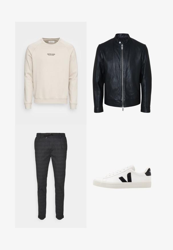 Sort læderjakke med central sølv lynlås og knapkrave, lange ærmer og glat tekstur, vist forfra på hvid baggrund.; Cremefarvet sweatshirt med raglanærmer, ribbede manchetter og kant. Har et sort tekstlogo på fronten. Blødt, tekstureret stof.; INDICODE JEANS EBERLEIN WITH ROLLED UP - Bukser - macan grey; Hvide lædersneakers med sorte ruskindsdetaljer; har en gummisål, rund tå og klassisk snørebåndsdesign. Side logo i sort.
