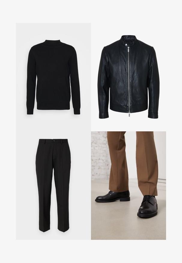 Chaqueta de cuero negra con cremallera plateada central y cuello con botones de presión, mangas largas y textura lisa, mostrada de frente sobre fondo blanco.; Suéter negro de punto suave con cuello alto y mangas largas. Diseño sencillo, sin patrones ni adornos.; Pantalones negros de tela suave, con un diseño de pierna recta, bolsillos delanteros, un cierre de botón y sin patrones visibles.; Zapatos de cuero negro con superficie lisa y puntera redonda, que presentan cierre con cordones y una suela baja y plana. Combinados con pantalones marrones.