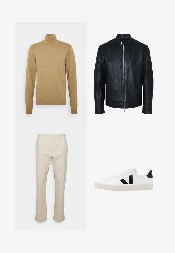 Veste en cuir noire avec fermeture éclair centrale argentée et col à boutons-pression, manches longues et texture lisse, présentée de face sur fond blanc.; pull à col roulé beige en tissu tricoté doux. Doté de manches longues et d'une coupe ajustée. Accents côtelés au niveau de l'ourlet et du col.; Pantalons en lin beige avec jambes droites, poches avant et texture lisse. Design minimaliste ; sans motifs ou éléments visibles.; Sneaker blanche en cuir avec des accents en daim noir ; dispose d'une semelle en caoutchouc, d'un bout rond et d'un design classique à lacets. Logo latéral en noir.