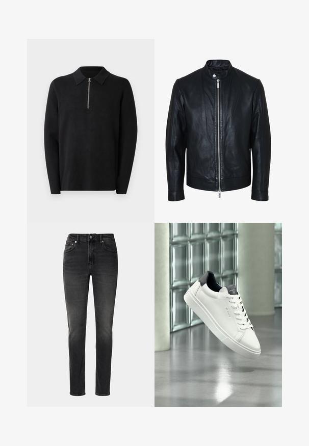 Chaqueta de cuero negra con cremallera plateada central y cuello con botones de presión, mangas largas y textura lisa, mostrada de frente sobre fondo blanco.; Suéter negro de manga larga con cuello con cremallera. Hecho de una tela suave, con una textura lisa y un diseño sencillo y minimalista.; Jean negros de mezclilla, con corte recto, cinco bolsillos y cierre de botón. Un ligero desgaste añade textura a la tela.; Zapatilla de cuero blanca con talón y lengüeta negras, diseño con cordones, marcado GANT en el lateral y la lengüeta, exhibida en un ambiente interior moderno.