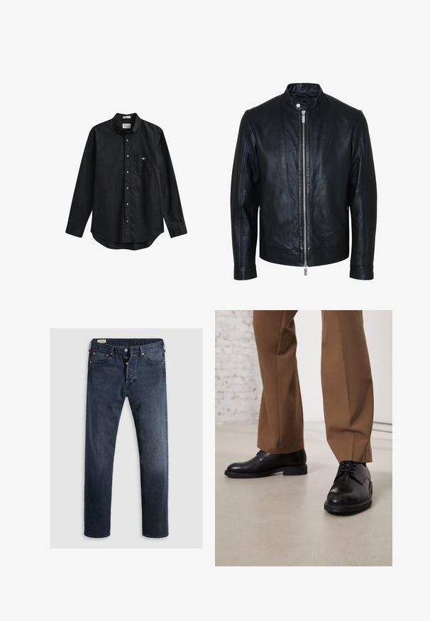 Veste en cuir noire avec fermeture éclair centrale argentée et col à boutons-pression, manches longues et texture lisse, présentée de face sur fond blanc.; Chemise noire à manches longues avec boutons, col et poche poitrine comportant un petit logo brodé sur la poche.; Jeans en denim bleu foncé avec une coupe droite, dotés d'un zip et de boutons en métal, ainsi que d'accents de rivets en cuivre. Texture lisse, sans motifs visibles.; Chaussures en cuir noir avec une surface lisse et un bout arrondi, dotées d'un système de laçage et d'une semelle plate et basse. Associées à un pantalon marron.