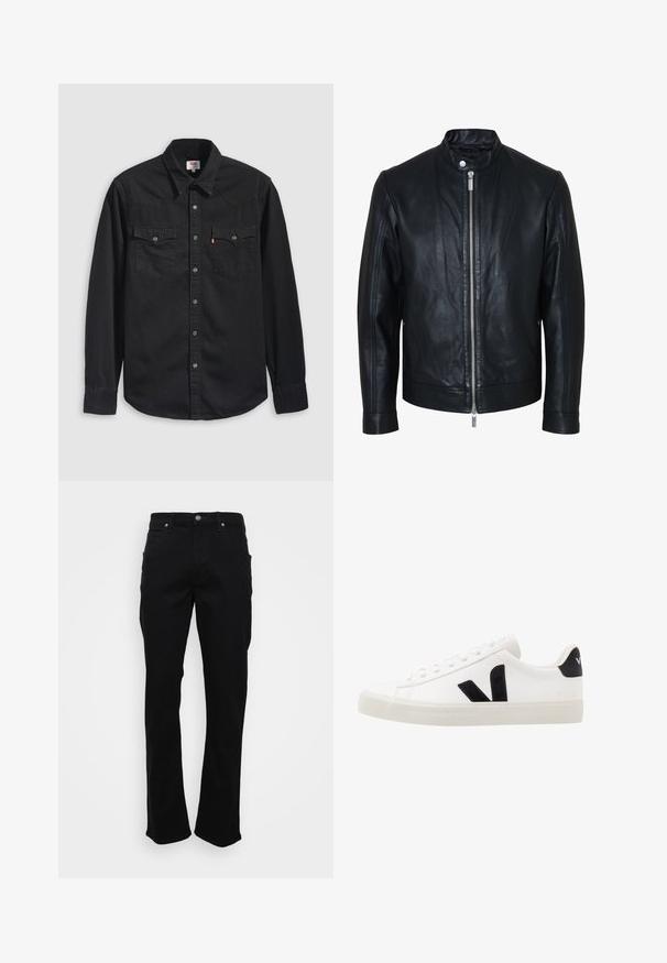 Veste en cuir noire avec fermeture éclair centrale argentée et col à boutons-pression, manches longues et texture lisse, présentée de face sur fond blanc.; Chemise en denim noir avec col boutonné, deux poches poitrine et un col pointu avec des détails de couture visibles.; Jeans noirs à jambe droite avec poches avant, passants de ceinture et fermeture à bouton sur un fond blanc.; Sneaker blanche en cuir avec des accents en daim noir ; dispose d'une semelle en caoutchouc, d'un bout rond et d'un design classique à lacets. Logo latéral en noir.