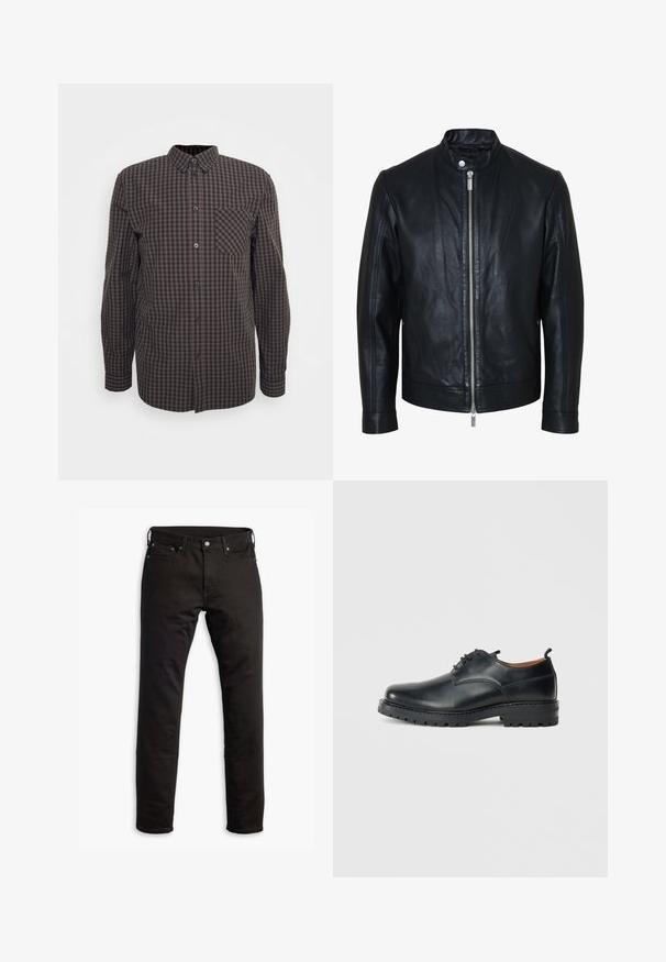 Veste en cuir noire avec fermeture éclair centrale argentée et col à boutons-pression, manches longues et texture lisse, présentée de face sur fond blanc.; Chemise à manches longues à carreaux bruns et noirs avec un bouton à l'avant, un col pointu et une poche sur la poitrine gauche. Tissu en coton avec une texture lisse.; Jeans en denim noir avec une coupe droite, des poches avant et une fermeture à bouton. Le tissu a une texture lisse et un minimum de détails.; Chaussures derby en cuir noir avec une texture lisse, bout rond, design à lacets et une semelle en caoutchouc épaisse et robuste.