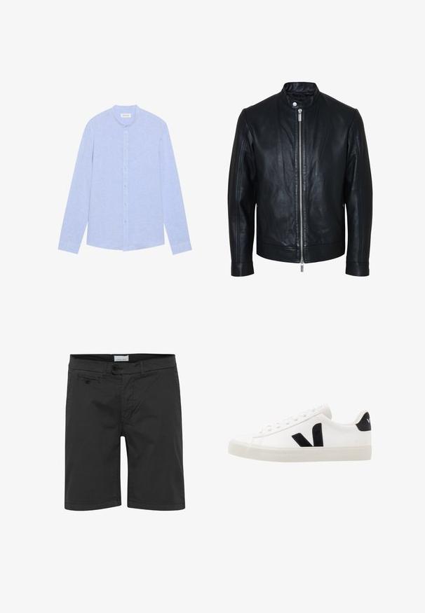 Chaqueta de cuero negra con cremallera plateada central y cuello con botones de presión, mangas largas y textura lisa, mostrada de frente sobre fondo blanco.; Camisa de manga larga de color azul claro con cuello de banda, cierre de botones en la parte delantera y tela texturizada. Presenta botones azul claro y un dobladillo recto.; Pantalones cortos negros informales con cierre de botón delantero, trabillas para cinturón y un pequeño bolsillo con botón en el lado derecho.; Zapatilla de cuero blanca con acentos de ante negro; presenta una suela de goma, puntera redonda y un diseño clásico de cordones. Logo lateral en negro.