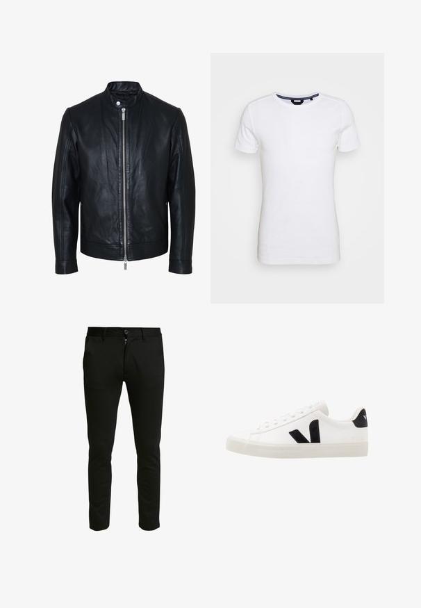 Schwarze Lederjacke mit zentralem silbernem Reißverschluss und Druckknopfkragen, langen Ärmeln und glatter Textur, vorne auf weißem Hintergrund dargestellt.; Lindbergh T-Shirt basic - white; Schwarze, taillierte Hose aus einem weichen Stoff. Mit einem Reißverschluss und einem Knopfverschluss, zwei Eingrifftaschen und einer sauberen, glatten Oberfläche.; Weiße Leder-Sneaker mit schwarzen Wildlederelementen; verfügen über eine Gummisohle, eine runde Spitze und ein klassisches Schnürdesign. Seitliches Logo in Schwarz.