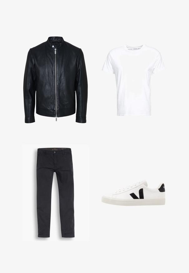 Chaqueta de cuero negra con cremallera plateada central y cuello con botones de presión, mangas largas y textura lisa, mostrada de frente sobre fondo blanco.; Camiseta de algodón blanca con cuello redondo y mangas cortas, con un corte clásico y una textura suave. Sin patrones ni elementos metálicos visibles.; Pantalones chinos negros de algodón. Presentan un diseño de pernera estándar, bolsillos frontales y un cierre de botón con una textura suave.; Zapatilla de cuero blanca con acentos de ante negro; presenta una suela de goma, puntera redonda y un diseño clásico de cordones. Logo lateral en negro.