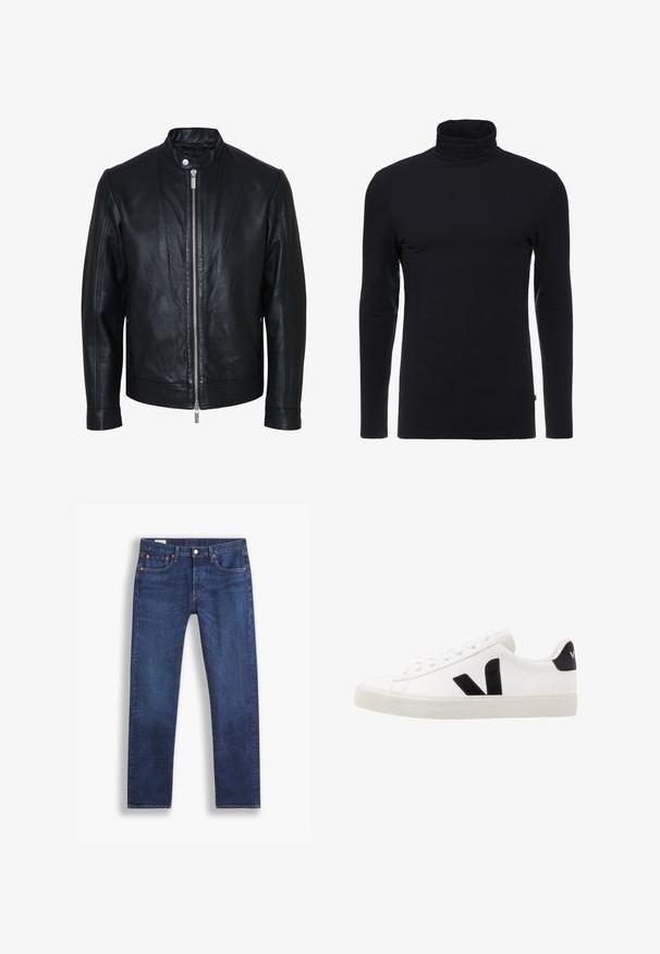 Zwarte leren jas met centrale zilveren ritssluiting en kraag met drukknopen, lange mouwen en een gladde textuur, voorkant weergegeven op een witte achtergrond.; Zwarte lange mouw turtleneck shirt gemaakt van zachte, rekbare stof. Heeft een aansluitend ontwerp en een gladde textuur. Geen zichtbare patronen of accenten.; Donkerblauwe rechte spijkerbroek met klassieke vijf-pocketstijl en knoopsluiting, getoond tegen een witte achtergrond.; Witte leren sneaker met zwarte suède accenten; voorzien van een rubberen zool, ronde neus en een klassieke vetersluiting. Zijkant met logo in het zwart.